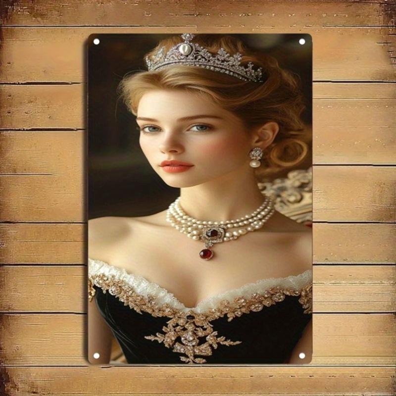 High Definition Tin Metal Sign Wall Art Beautiful Woman with Freckles In White Lace Trimmed Crochet Camisole with Gold Hoop