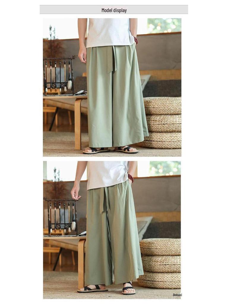 Men's Wide-Leg Ice Silk Culottes - Chinese Style Hanfu Tang Suit Meditation Skirt Pants