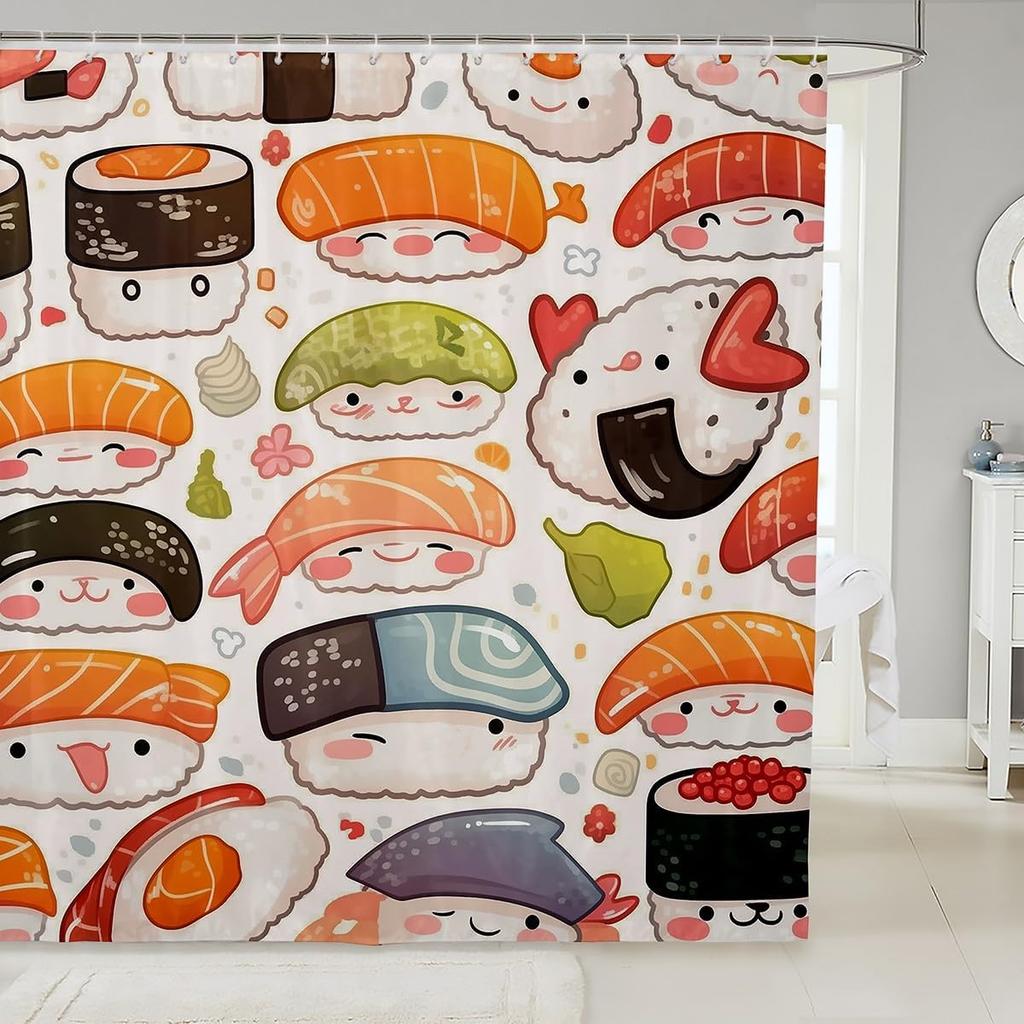 Ramen Noodle Shower Curtain Set Bathroom Decor for Kids Girls Boys,Japanese Style Bathroom Set Funny Food Fabric Shower Curtain