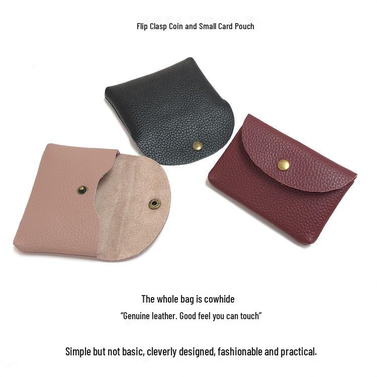 Top Grain Leather Snap Closure Coin Purse & ID Holder, Mini Lychee Pattern Card Holder for Men & Women