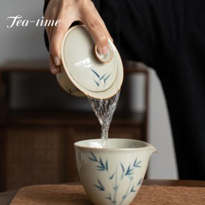 110ml Hand-painted Green Bamboo Ceramic Cover Bowl Handmade Ice Table Glaze Tea Tureen Chinese Tea Making Gaiwan Kung Fu Teaware