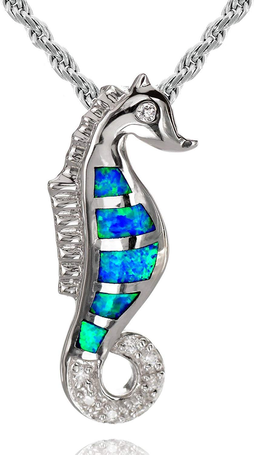 

Leilani Hawaiian Jewelry Blue Opal Seahorse Silver Necklace Pendant in 925 Sterling Silver with CZ (50cm Rope Chain Included)