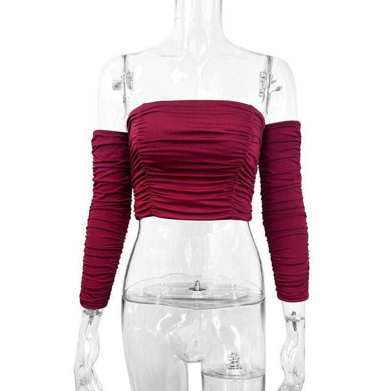 

Transitional Sexy European and American off-Shoulder Collar off-Shoulder Top Summer Popular Wine Red Pleat Tight Oversleeve Top Wrap-around Wine red S