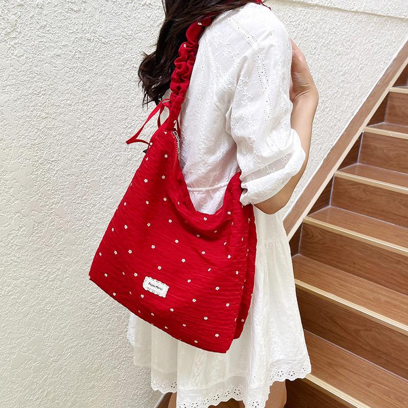 Red Floral Canvas Shoulder Bag Adjustable Ruffled Strap Large Capacity For Commute Shopping Travel