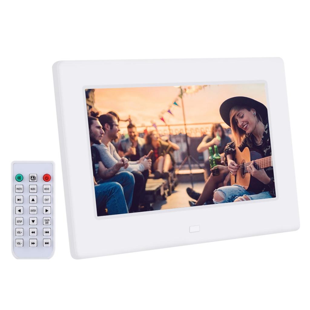 7Inch 1024*600HD Digital Photo Picture Frame Alarm Clock Player Album Remote Control White