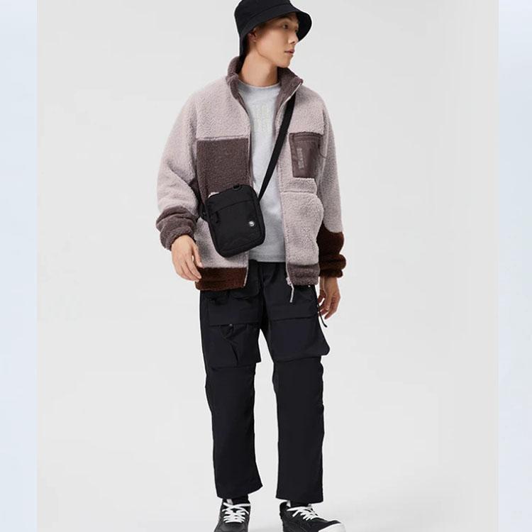 Li Ning Badfive Teplá bunda z jehněčího rouna s barevnými bloky Volný kardigan Stojáček Ležérní pánská bunda Soví-Fialová Šedá AFDR703-2