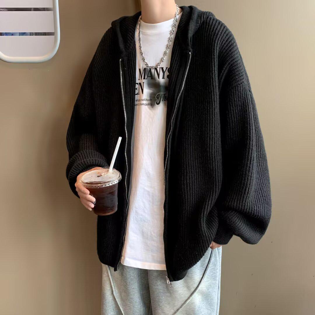 

Men s Retro Cross-Stitch Zip Cardigan - Trendy Solid Color Sweater Coat for Spring & Autumn L чорний