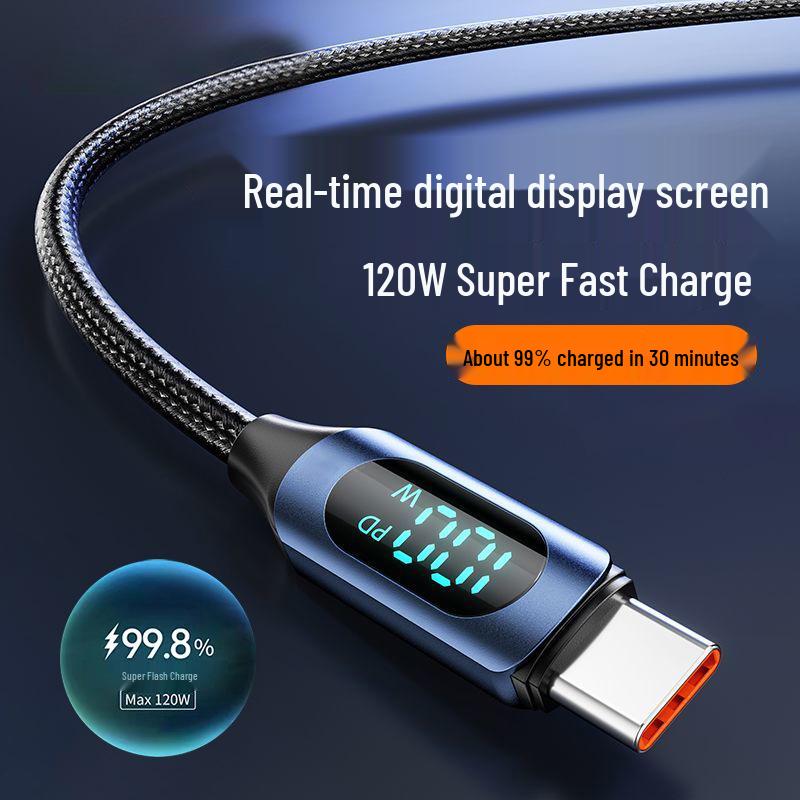 120W Super Fast Type-C Charging Cable with Digital Display for Apple 15/16 & Huawei Honor 6A