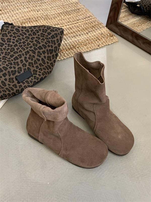 Autumn and Winter Round Head Short Boots Women's 2025 New Soft-soled Flip Fur Boken Two-wear Boots Martin Boots