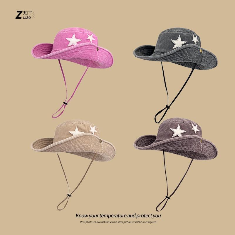 Vintage sticker star western cowboy hat women's spring sunshade sun climbing hat outdoor camping bucket hat