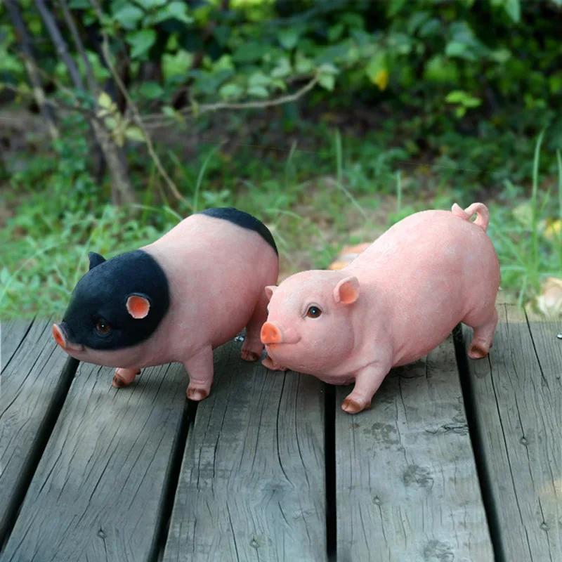Simulation Pig Figurine Ornaments Garden Decoration Accessories Pig Resin Sculpture Model Handicraft Home Living Room Decor Gift