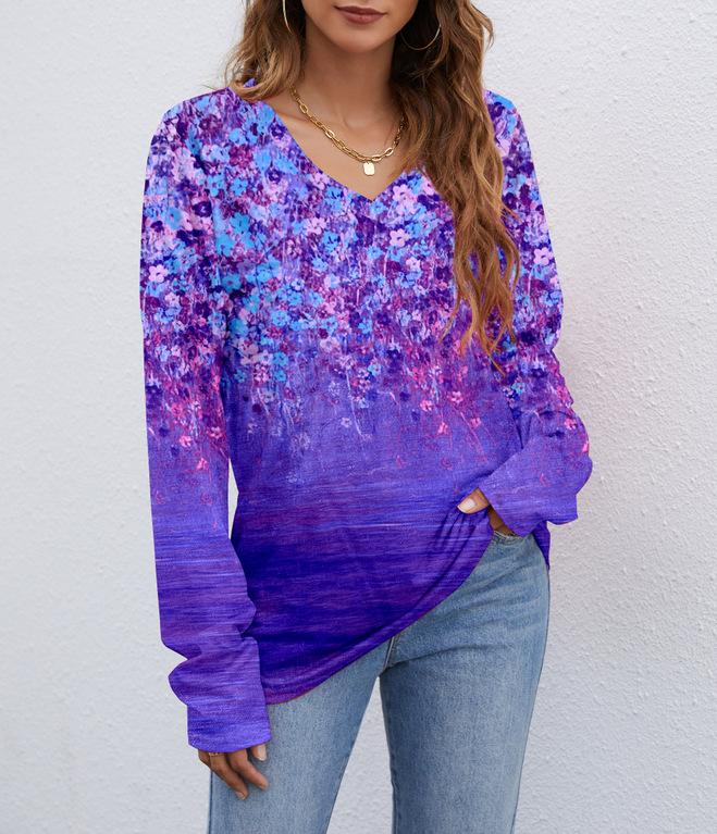 Europe, America wish Amazon independent station autumn and winter new V-neck printing long-sleeved women's T-shirt top