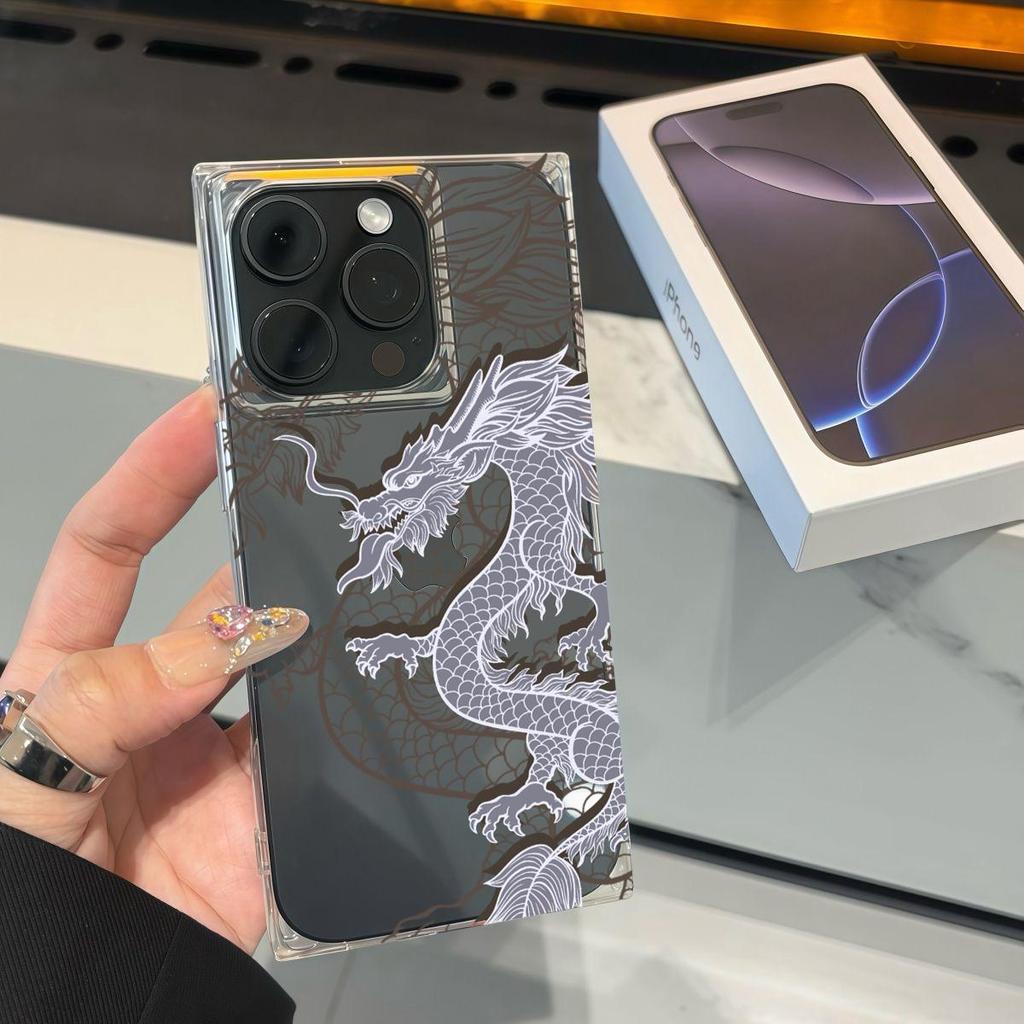 Transparent Square Back Tube Case Casing Protection For iPhone 15 Plus 12 11 14 Pro Max 16 ProMax 13 Anti-Oxygen,Line Dragon Pattern