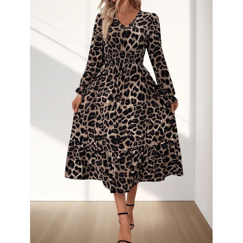 

Fashion Style Fashion Temperament Waist-Controlled Graceful Stand Collar Dress Tea Break Leopard Print V-neck Long-Sleeve Dress Dress Female Fashion Dark brown S