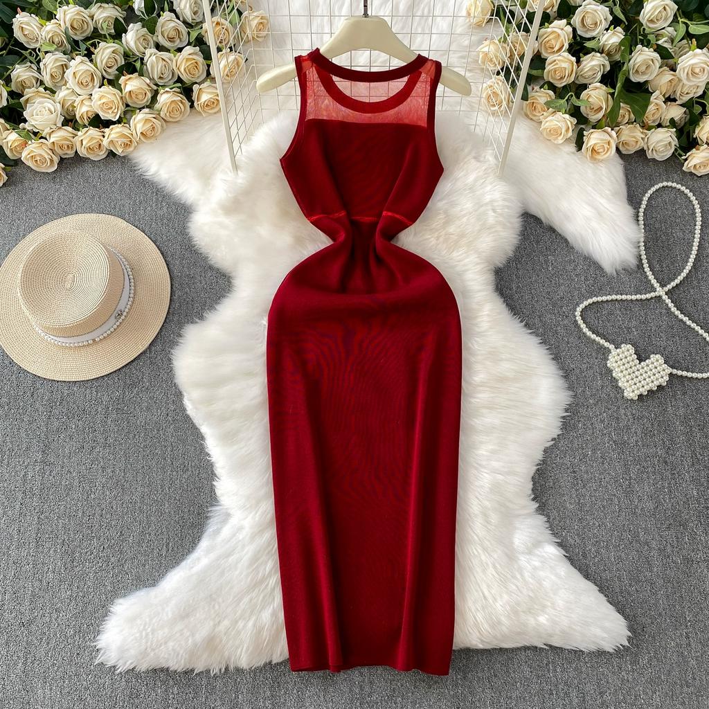 Summer Women Sleeveless Office Business Knitted Sweater Mesh Patchwork Sheath Bodycon Midi Dresses