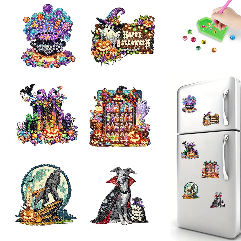 6Pcs Halloween DIY Diamond Art Refrigerator Magnet 6Pcs Halloween Print DIY Diamond Painting Fridge Magnets for Art Crafts Gift