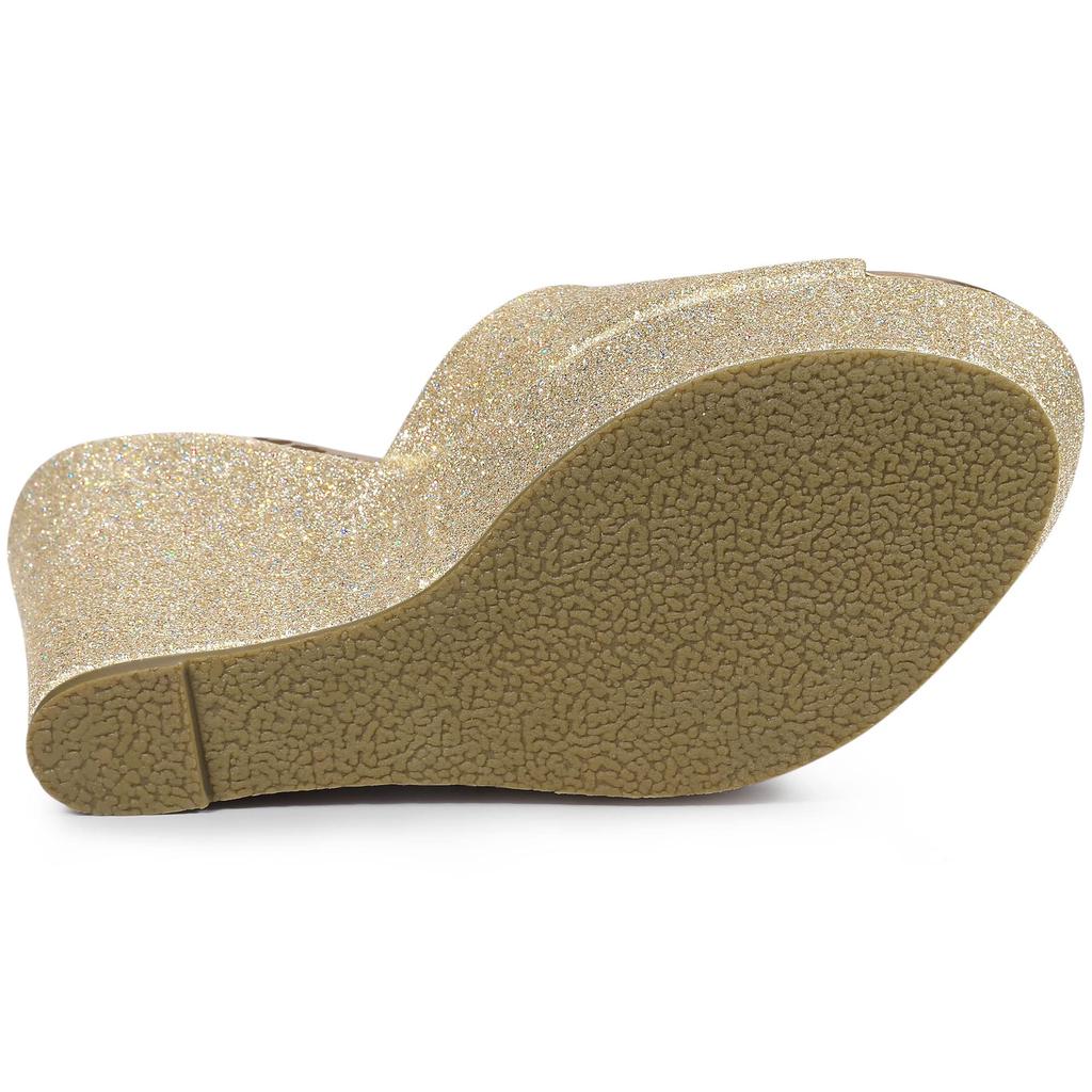 Allegra K Women's Open-Toe Wedge Heel Sandals with Glitter Platform Slip-On, Gold, Size 25.0cm