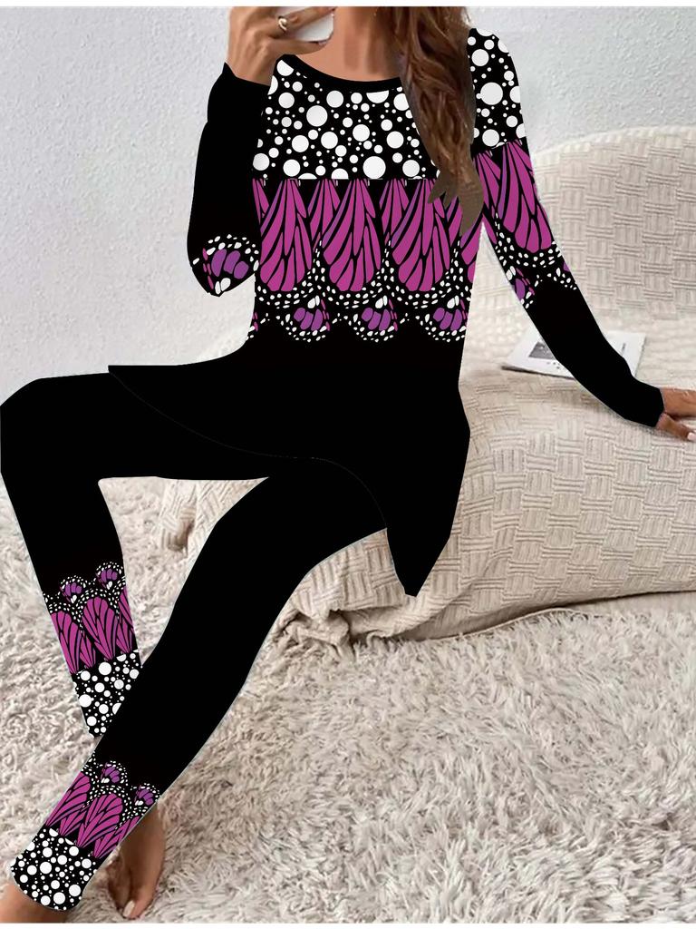 Euro-American Fashion 3D Butterfly Printed Women's  Four-season Long-sleeved T-shirt + Long Pants Two-piece Set. Perfect Gift for New Year & Christmas