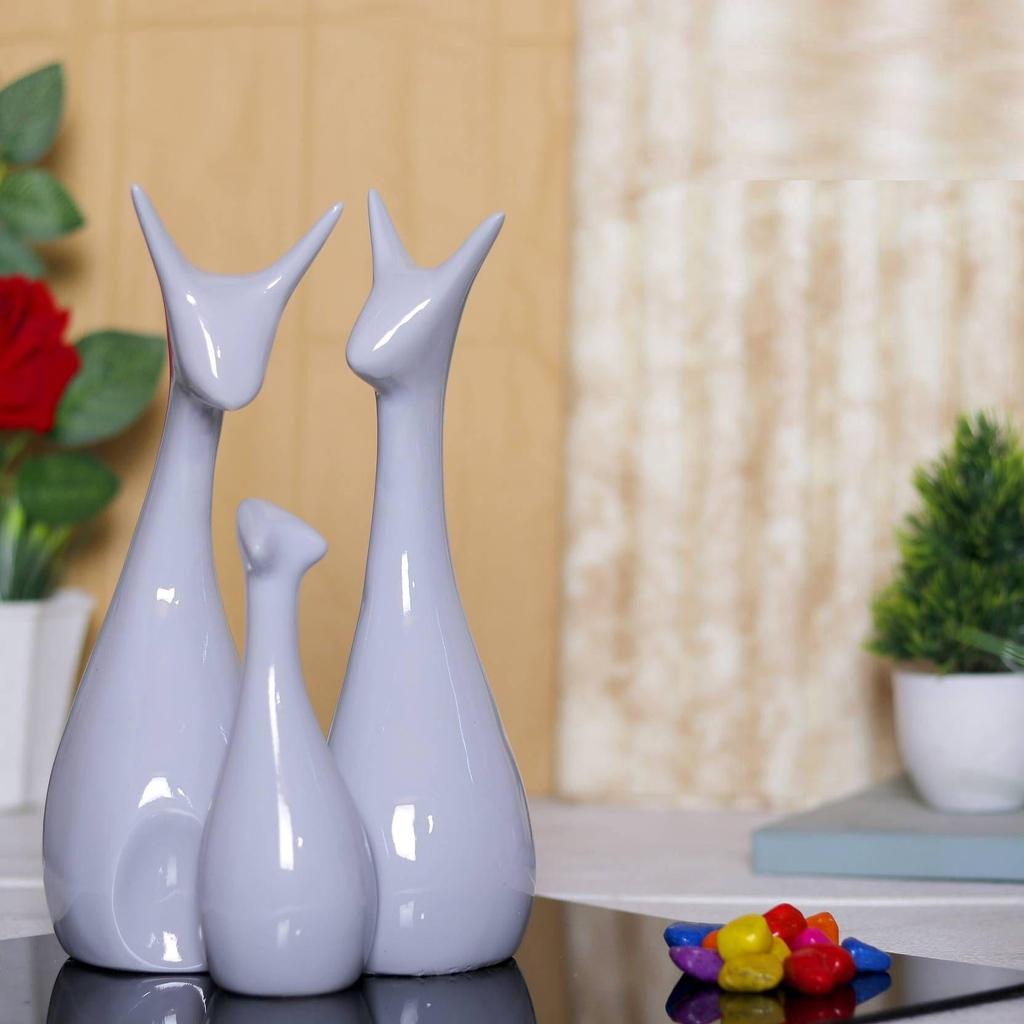 Lucky Deer Statue Family Piano Finish Ceramic Figures Deer Couple showpiece Decorative Showpiece - 25 cm  (Polyresin, Grey)