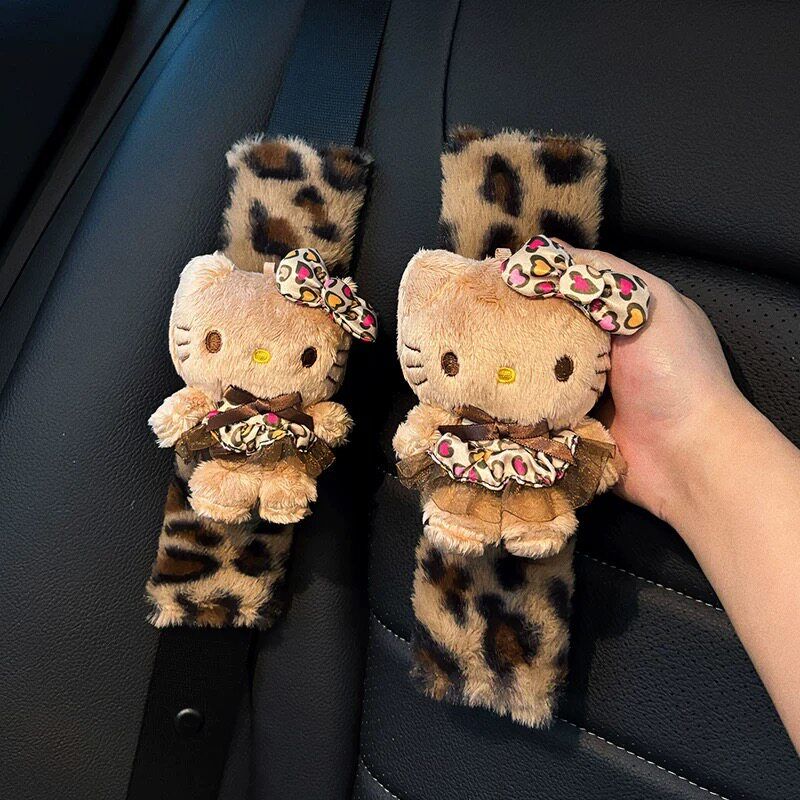 Melard Leopard Print Kitty Cat Plush Car Seatbelt Shoulder Pad Car Interior Decoration Anti-Neck Strain Protective Cover