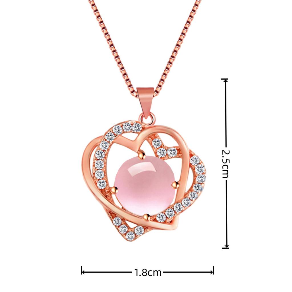 Intertwined Double Heart Shape Pink Crystal & Cat's Eye Heart Pendant