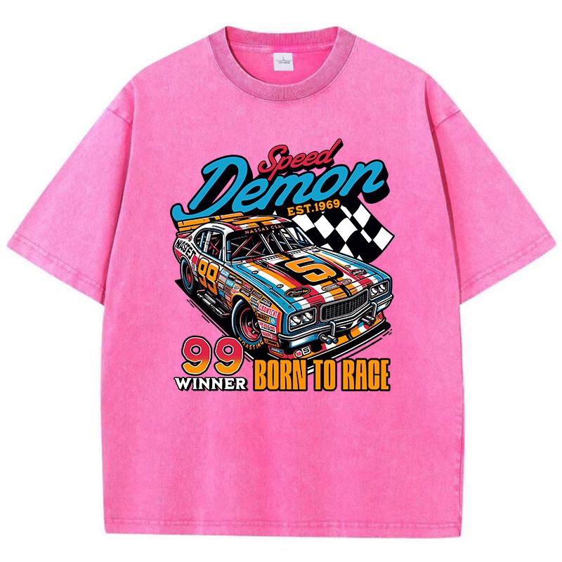 Street Woman Washed T-Shirts Speed Demon Born To Race 99 Winner Print Tee Shirts Comfortable Cotton Oversize Tops Clothes