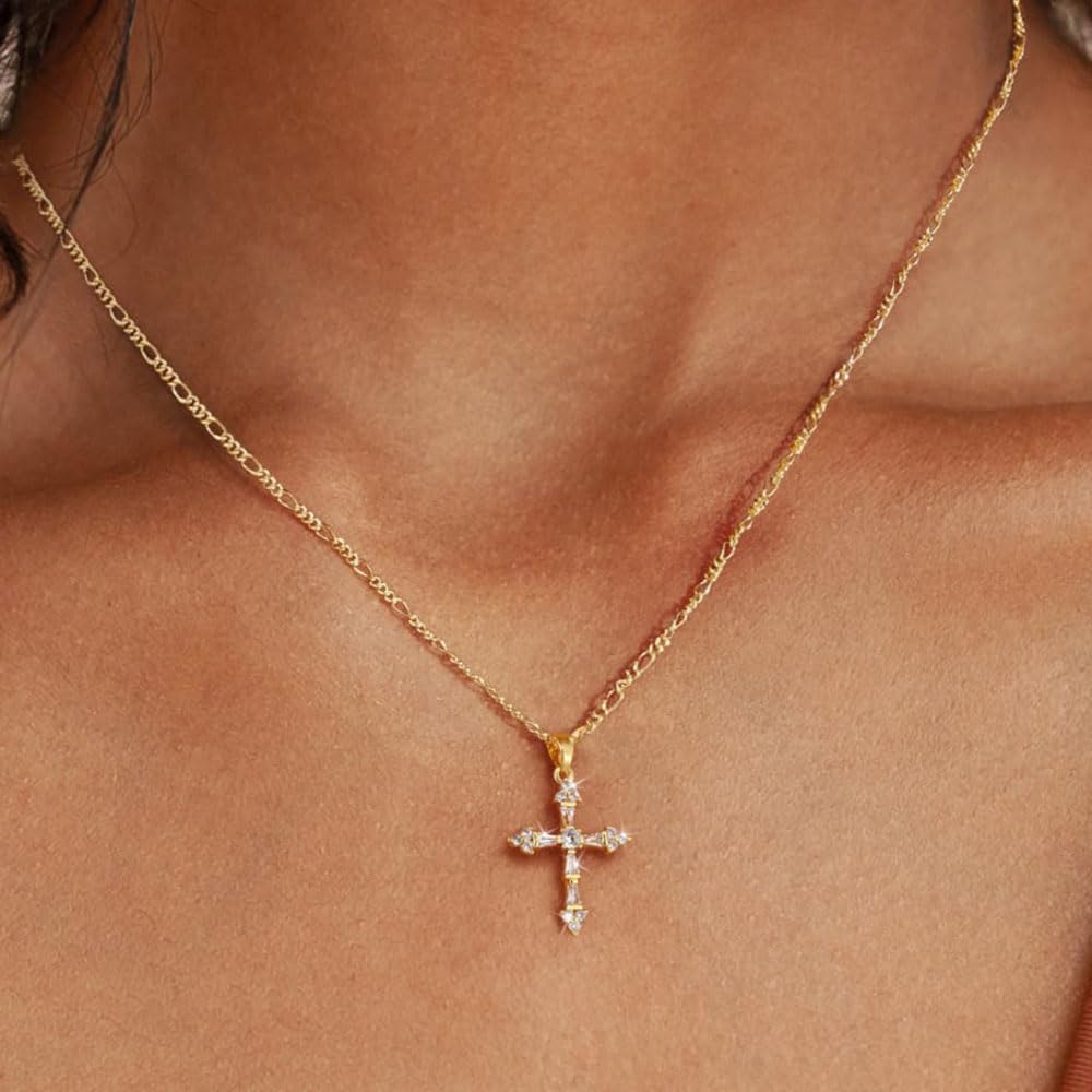 Cross Necklace for Women,Double Cross Necklace 14K Gold Plated Cross Pendant Necklace Dainty Gold Cross Necklaces for Women