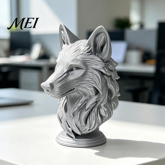 Wolfskopf Dekoration 3D Gedruckte Figur, Realistische Statue mit Runder Langlebiger Schreibtisch-Zierbasis, Wildtier-Skulptur für Zuhause Büro Bücherregal