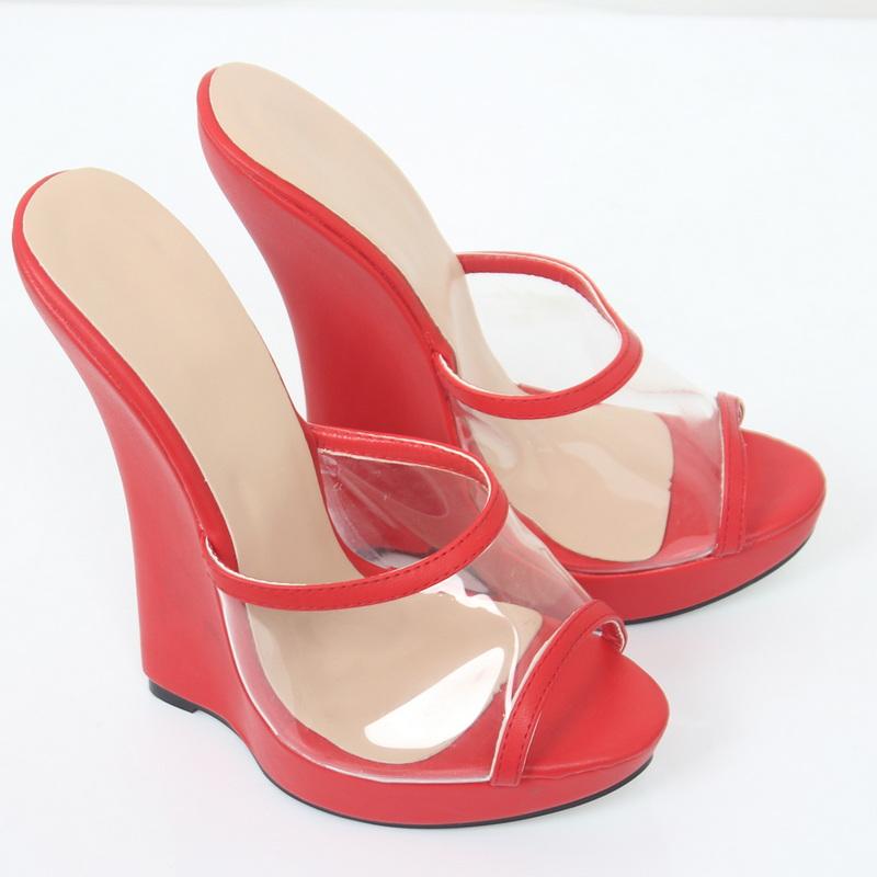 Fashion 18CM High Wedges Sandals,Peep Toe Women's High Heels Summer Shoes,Man Cosplay Platform Slippers,PVC vamp,Black,Red,Custom Colors