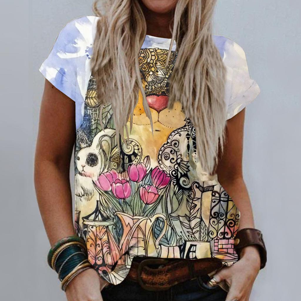 Sommer Rund Hals 3D Kattetrykk Topp Moteabel Casual Kort Ermet Dame T-skjorter