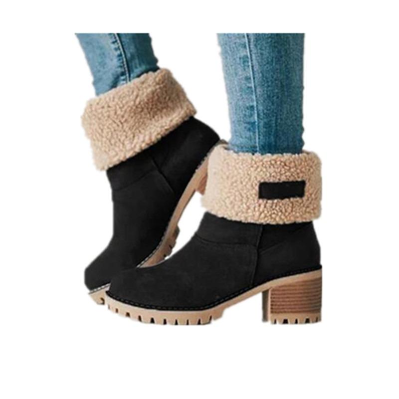 Foreign trade short tube velvet medium heel snow boots women's fur integrated women's cotton boots winter thickened large size flip cotton boots