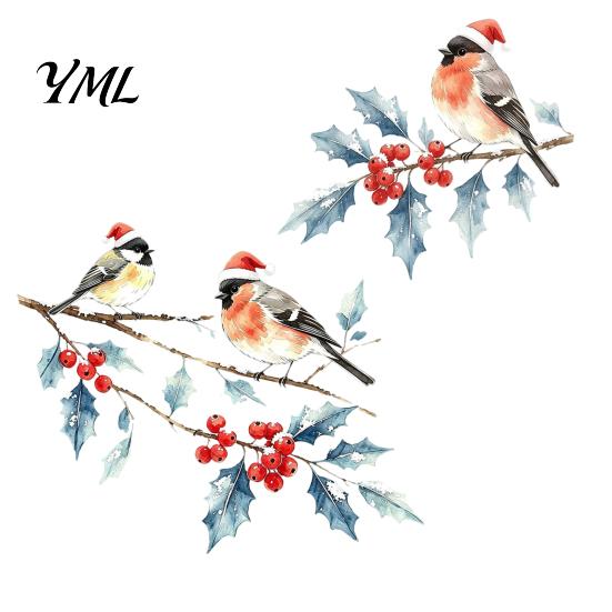 Holiday Party Window Accents Christmas Watercolor Bird Sticker, Santa Hat On Beey Winter Glass Decals Branch Static Decal, Waterproof Cling for