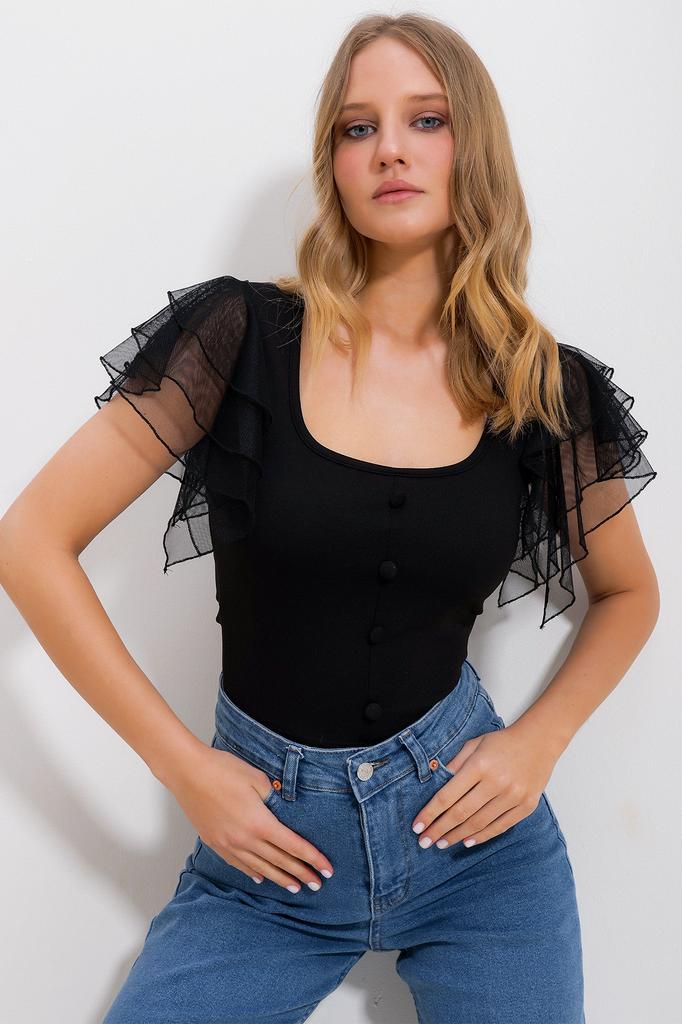 Women's Blouse New Season Fashion Black U-Neck Tulle Sleeve Button Detailed Blouse