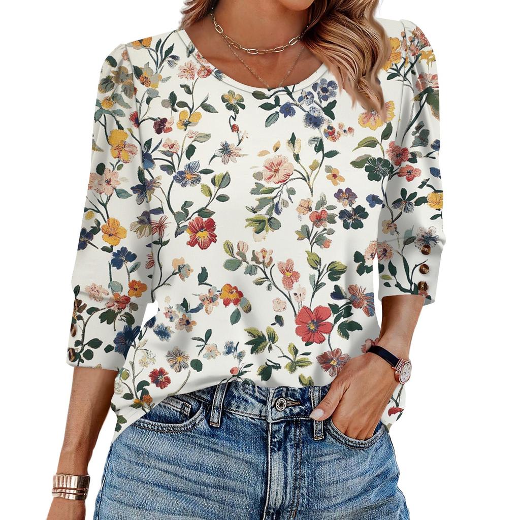 Womens Tops 3/4 Sleeve With Buttons Casual Blouses Summer Outfits Beach Vacation Clothes