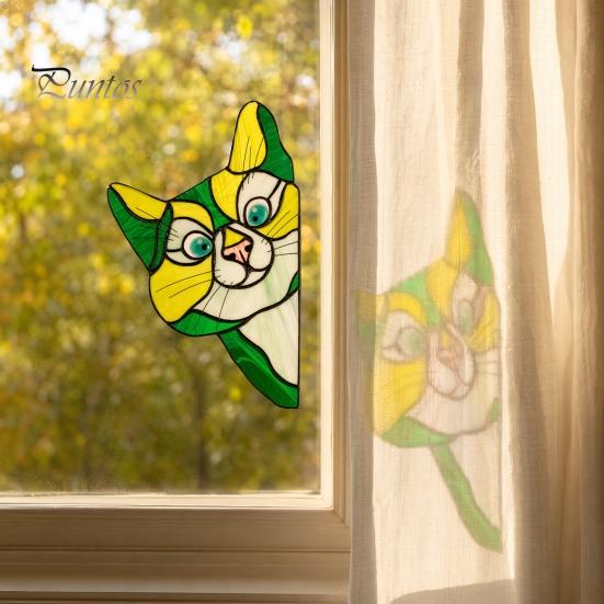 Sunlight Catching Cat Sticker Stained Glass Window Cling, Vintage Colorful Kitty Decal, Removable Static Decor for Door Wall Car, UV-Resistant