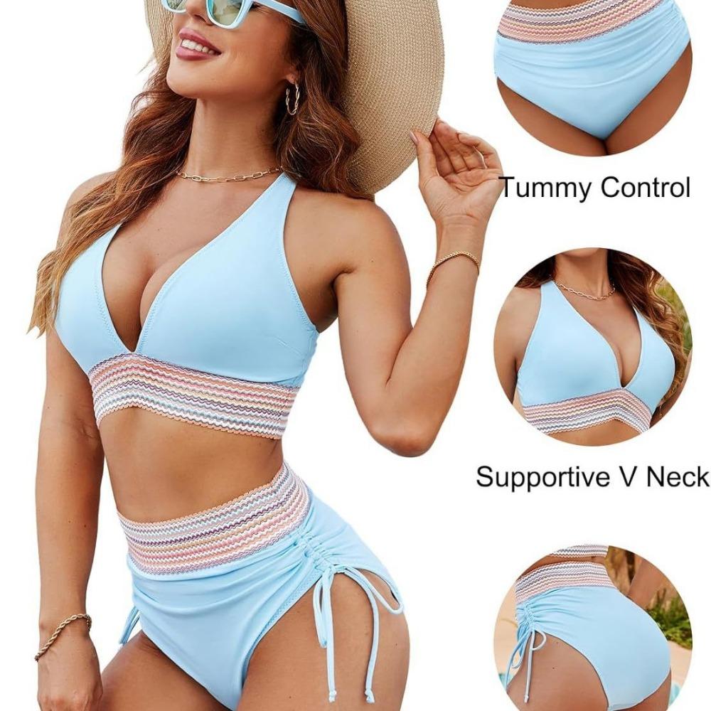Women's High Waist Bikini Split Set V-Neck Tether Gathering Swimsuit