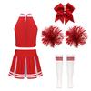 Kids Girls Cheerleading Set Sleeveless Zipper Top Pleated Skirt Bowknot Headwear 2 Hand Flowers Striped Tube Socks for Performance