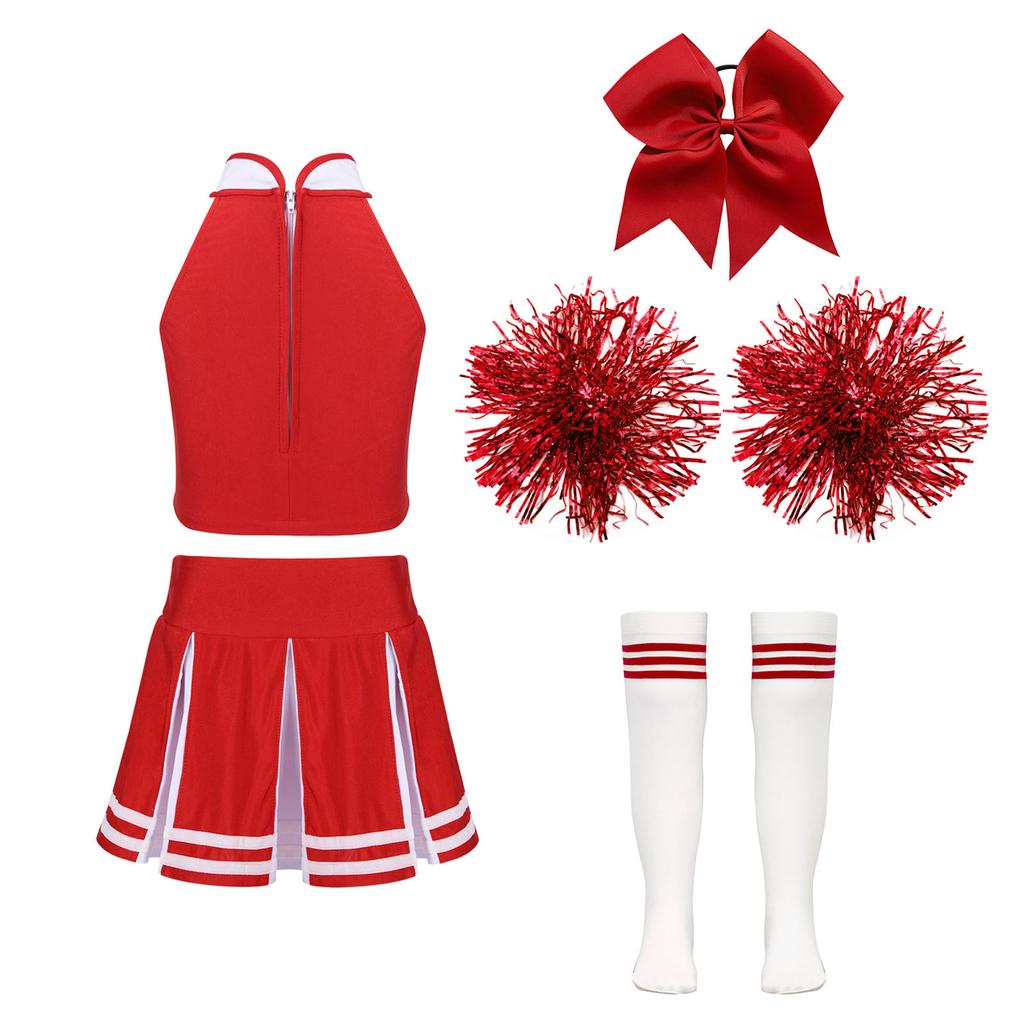 Kids Girls Cheerleading Set Sleeveless Zipper Top Pleated Skirt Bowknot Headwear 2 Hand Flowers Striped Tube Socks for Performance