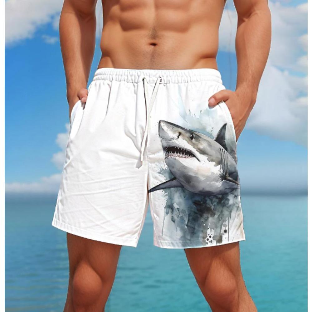 Men's Side Shark Print Shorts Swim Shorts Swim Trunks Mid Waist Hawaiian Boho Casual Daily Holiday Drawstring Elastic Waist