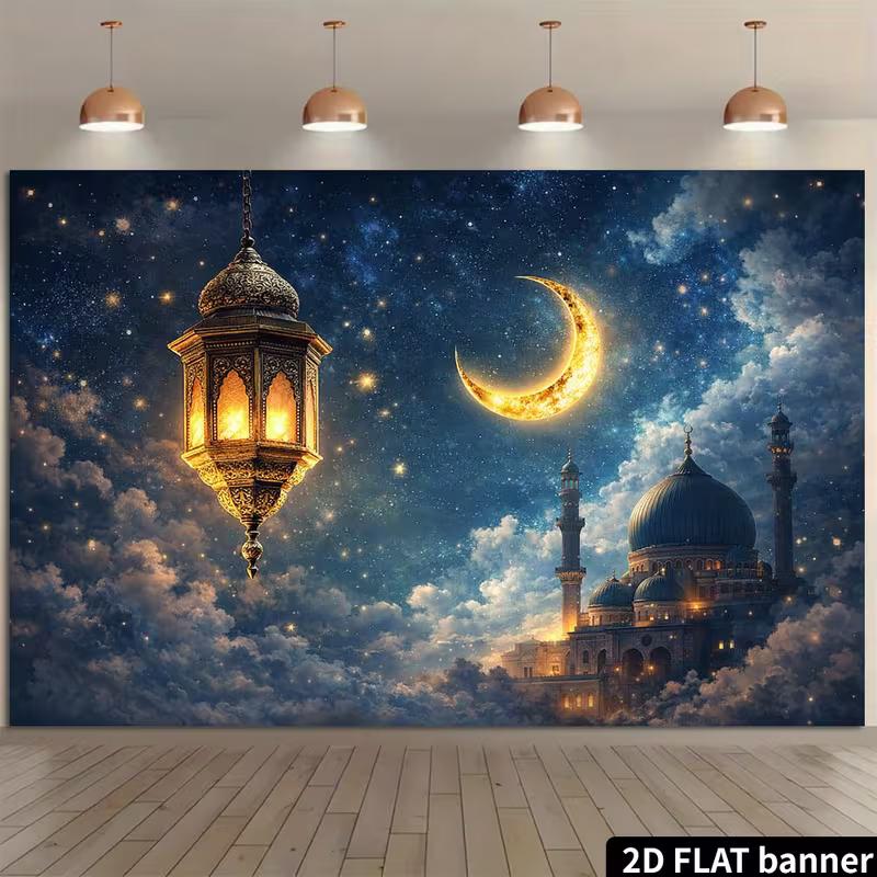 2D Eid Mubarak Backdrop Golden Lantern Night Sky Photo Booth Banner