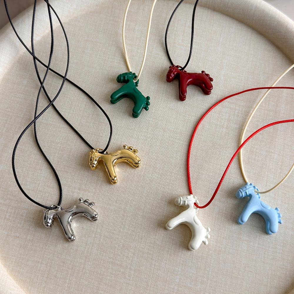 Colorful Horse Pendant Long Necklace for Women Simple Adjustable Sweater Chain Jewelry Gifts Fashion Accessory