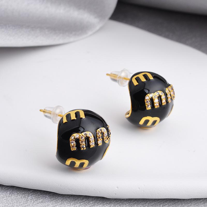 18K Gold French Letter Earrings - Luxury Enamel Retro Jewelry for Women's Elegant Daily & Work Accessories