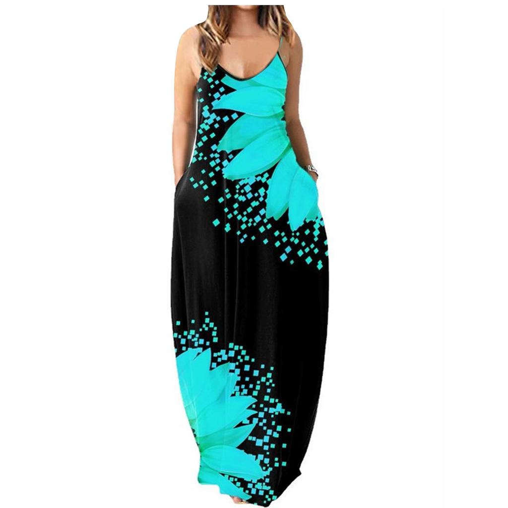 Women's Casual Summer Printed Spaghetti Strap Maxi Dress Loose Fit Sleeveless Long Dress with Pockets Lightweight Comfortable