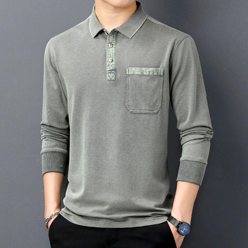 Men's Long-Sleeve Turn-Down Collar Polo Shirt with Ribbed Cuffs and Pocket, Loose Fit
