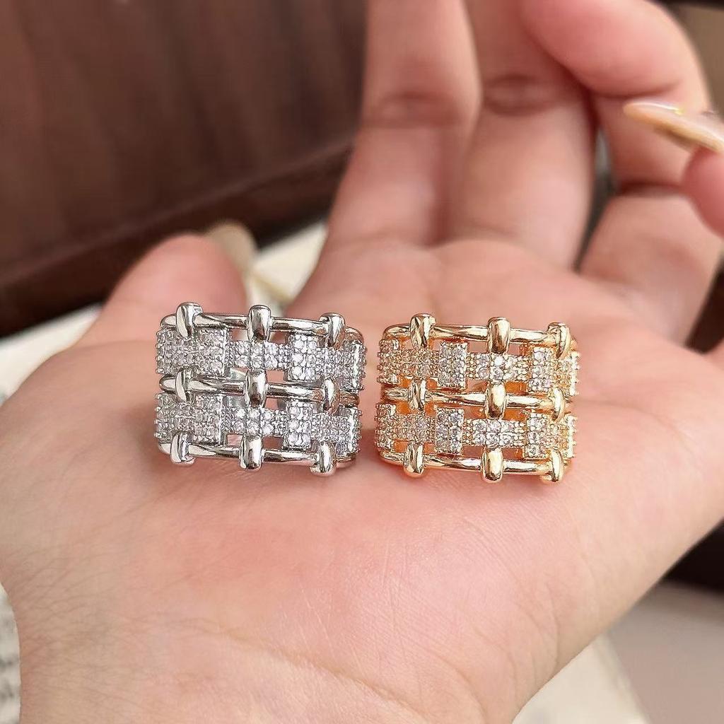 Hot Sale Copper Inlaid Zircon Multi-layer Geometric Ring Light Luxury Versatile Temperament INS Wind Ring