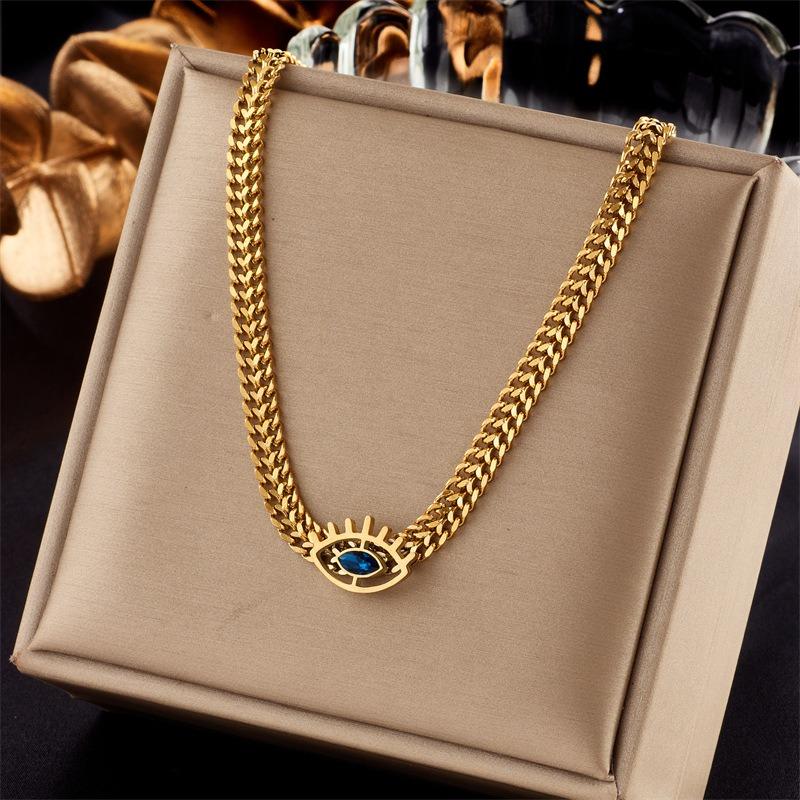 Gold Plated Evil Eye Pendant Necklace, Stainless Steel Cuban Chain Choker, Waterproof Blue Eye Jewelry for Women Gift