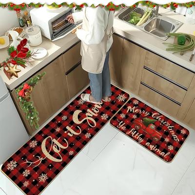 VIKAMA 2pcs Christmas Winter Crystal Velvet Floor Rug Kitchen Non-slip Mat Entrance Welcome Door Mat Holiday Home Decoration
