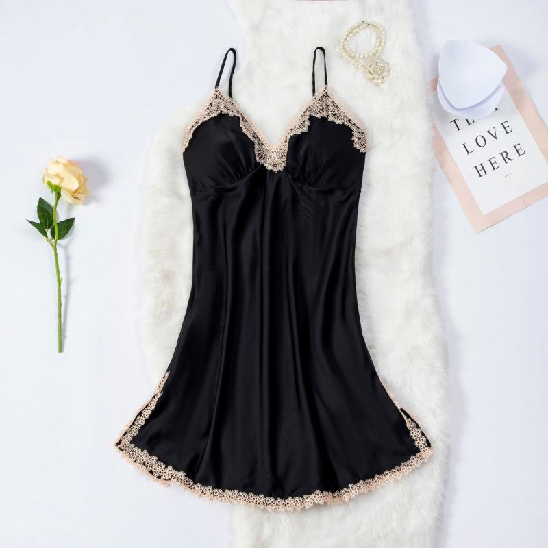 

2025 Весна/Літо Жіноча Нічна Сорочка на Бретелях-Спагеті з Мереживом - Однотонна, Сексуальний Стиль Домашній Одяг. M чорний