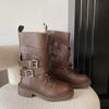 British Style Retro Medium Tube Knight Boots Women's 2025 Autumn and Winter New Soft Leather Thick Heel Belt Buckle Platform Fashion Boots