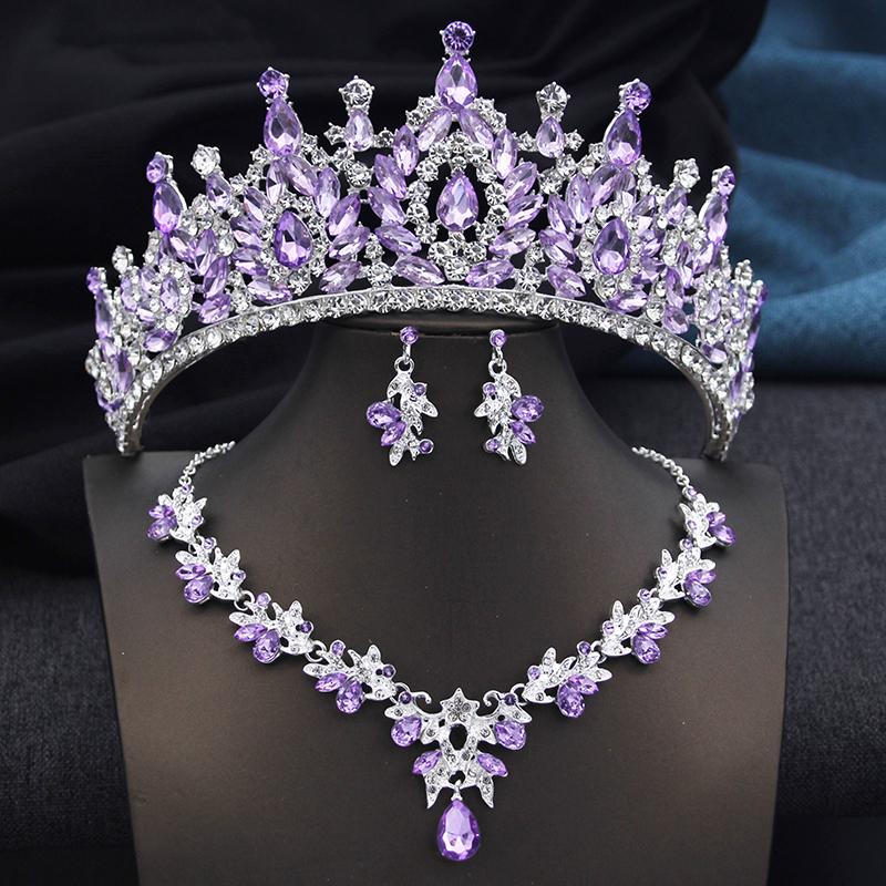 Golden AB 3 Pcs Tiaras and necklace earrings for Bridal Jewelry Sets Women Brides Wedding Crown Prom Birthday Accessories